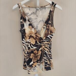 Cache Sleeveless Y2K Top Faux Wrap Animal Print Floral Neutrals Going Out